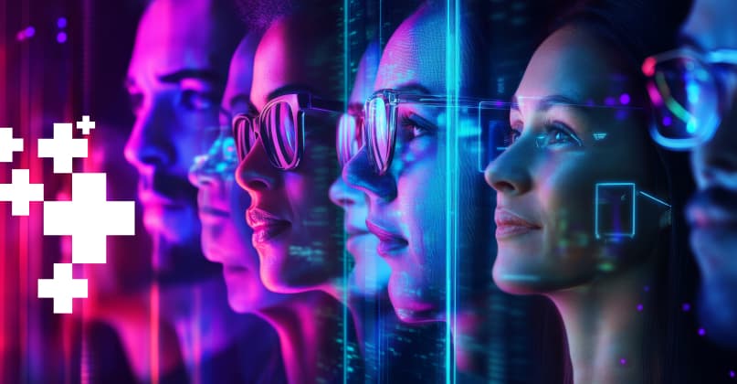 Vários rostos de perfil de homens e mulheres de diversas etnias em uma imagem com efeito em tons de azul e rosa. 
